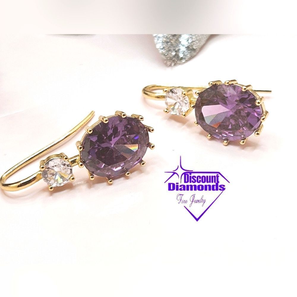 Oval Amethyst (Purple) Earrings 14K Bright Yellow Gold on 925 Silver - Picture 4 of 10